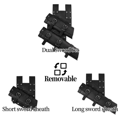 Medieval Double Sword Belt And Sheath Set For Ren Faire Cosplay, adjustable faux leather holster with metal buckles, black