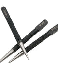 Three Piece Black High Carbon Steel Center Punch Drill Kit With 1.5mm 2mm 3mm Tips laying on surface