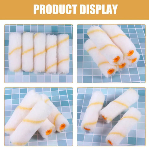 20-Piece Mini Paint Roller Covers Kit, displaying mini rollers with yellow stripes for drywall and concrete use.