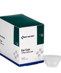 First Aid Only eye cups, non-sterile, 10-pack; clear plastic cups beside green-and-white box