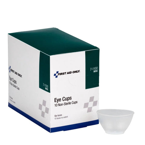 First Aid Only eye cups, non-sterile, 10-pack; clear plastic cups beside green-and-white box