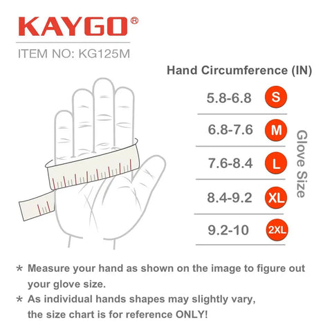 Size chart for Mens Work Gloves KG125M with hand illustration and glove sizes from small to 2XL.