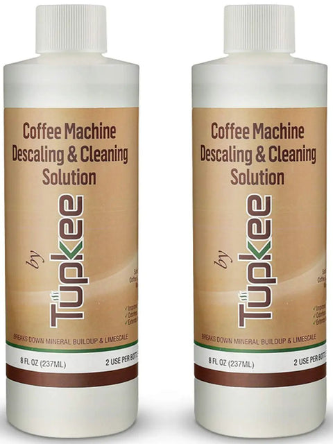 Universal Descaler For Keurig Nespresso Delonghi And All Single Serve Coffee Makers 2 Pack With 4 Uses Made In USA Easy No Fuss Descaling Solution For Home Brews, showing two 8 fl oz bottles.