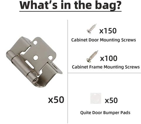 Brushed Nickel One Half Inch Overlay Cabinet Hinges Self Closing Semi Wrap Face Frame For Cabinet Doors Fifty Pack with screws and bumpers.