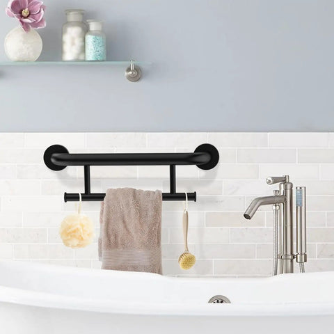 Rock Solid Oil Rubbed Black Grab Bar With Towel Holder For Bathtub And Shower durable 304 stainless steel in bathroom setting.