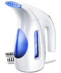Powerful 700W Portable Handheld Clothes Steamer With 240ml Tank And Brush, Quick Wrinkle Remover For Home And Office, Long 9ft Cord, Lightweight Travel Friendly 120V Only Blue with visible water tank and brush attachment