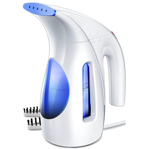 Powerful 700W Portable Handheld Clothes Steamer With 240ml Tank And Brush, Quick Wrinkle Remover For Home And Office, Long 9ft Cord, Lightweight Travel Friendly 120V Only Blue with visible water tank and brush attachment