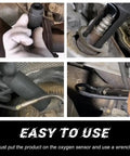 Pro Grade Oxygen Sensor Socket With Side Wire Cutout, One Half Inch Drive By Seven Eighths Inch, Six Point O2 Sensor Socket For All Vehicles, Offset Design For Easy Removal And Installation, 18mm Compatible Car Tool in use on vehicle sensor
