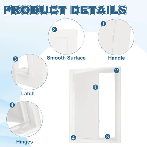Heavy Duty Access Panel For Drywall 14 By 10 Inch Sleek White Abs Plastic Wall Plate showing handle, latch, hinges and smooth surface.