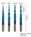 Genmitsu 4-pack tungsten carbide end mills, 2-flute tapered ball nose, nano blue coat, 1/8 in shank, radii R0.25-1.0.