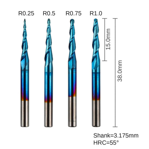Genmitsu 4-pack tungsten carbide end mills, 2-flute tapered ball nose, nano blue coat, 1/8 in shank, radii R0.25-1.0.