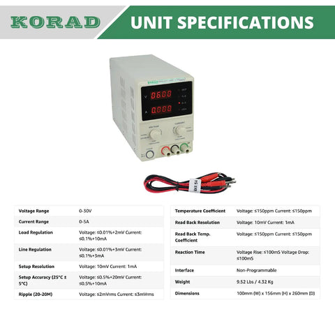 Precision Variable DC Power Supply 30V 5A With Dual Four Digit LED Displays, Digital Controls, Lab Grade Performance, with specs
