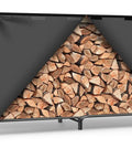 Heavy Duty Outdoor Firewood Rack With Weatherproof Cover Iron Wood Storage Rack exposed with firewood and fire illustration