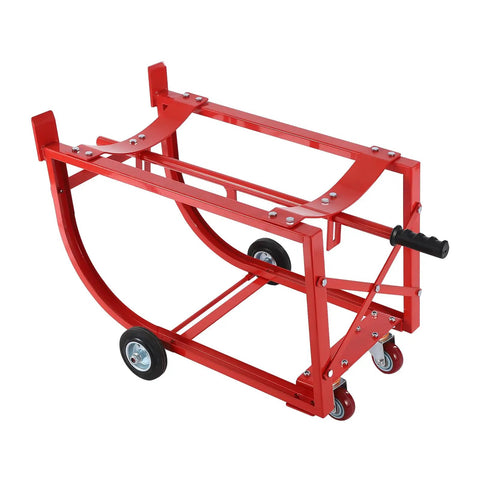 Heavy Duty 55 Gallon Drum Cradle With 600 Lb Capacity And Sturdy Steel Build Perfect For Moving Barrels Around The Shop Using Easy Drawbar Design, red steel drum cart.