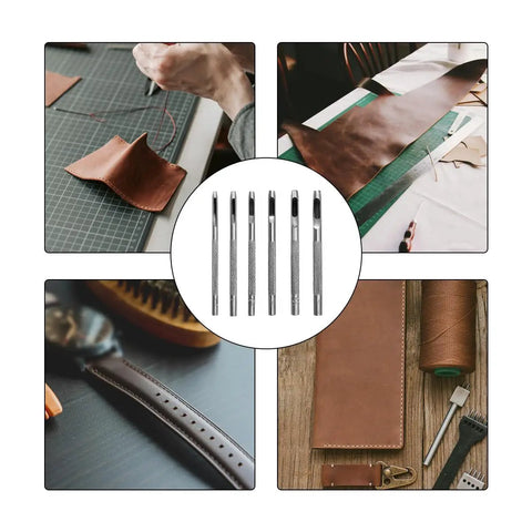 Six Piece Beefy Metal Hollow Hole Punch Kit For Leather Belt DIY Crafts 1.5mm To 4mm Hole Punch Set shown with leather crafting tools