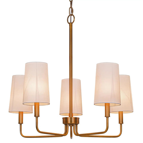 Gold chandelier with white fabric shades