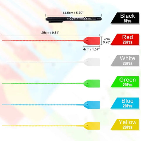 105 Piece Colorful Security Zip Ties Set With Self Locking Tamper Seal Tags In Red Yellow Blue Green And White For Fire Extinguishers First Aid Kits Luggage And More Plus Five Black Marker Pens displayed in different colors