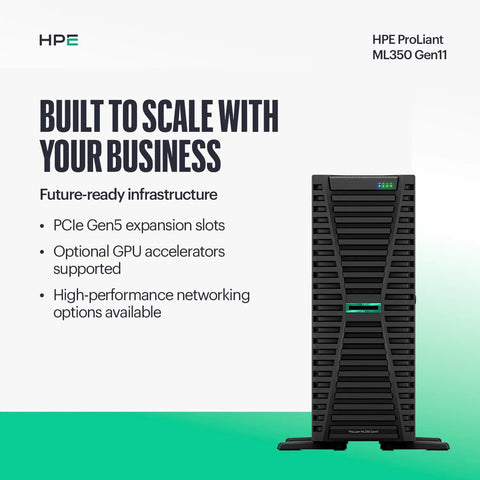 Premium Enterprise Tower Server Powered By Intel Xeon Silver 12 Core Chipset 64GB DDR5 RAM, front view detailing features.