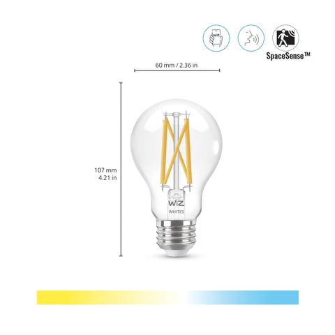 Single Pack Clear Filament LED Smart Bulb 60W Equivalent A19 Tunable White With Motion Sensing E26 Indoor Lighting Works With Voice Or App SpaceSense Ready Matter Compatible, front view
