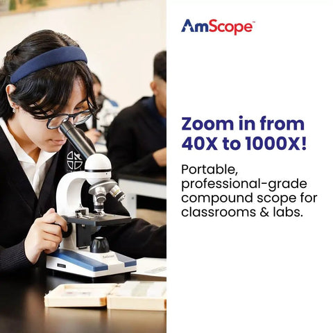 Student using Biological Compound Microscope With Cordless LED Illumination, 40X To 1000X Magnification, All Metal Frame in classroom