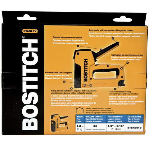 Packaging of Outward Clinch Insulation Stapler And Tacker, 14mm Max, 1/2 Inch Staples, Jam Proof Design, with description.