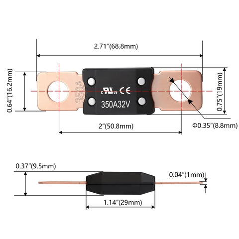 Premium MEGA 350 Amp Auto Fuse 32V DC Bolt On Circuit Protector dimensions on a diagram, showing size and specs clearly.