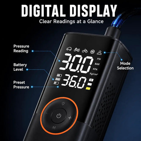 Digital gauge display of the Slick Cordless Tire Inflator Compact Air Compressor For Tesla Cybertruck 2023 2024 2025 2026
