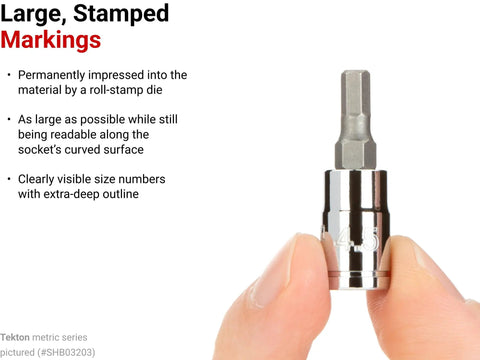 Close-up of metric hex socket with large stamped markings, part of Quarter Inch Drive Hex Socket Set With Rail, 11 Piece 2 To 8 MM Hex Bits, S2 Steel For A Straight Permanent Connection, 6 Sided Hex Tip, Pro Grade Auto Repair And DIY Tools For Any Mechanical Job.