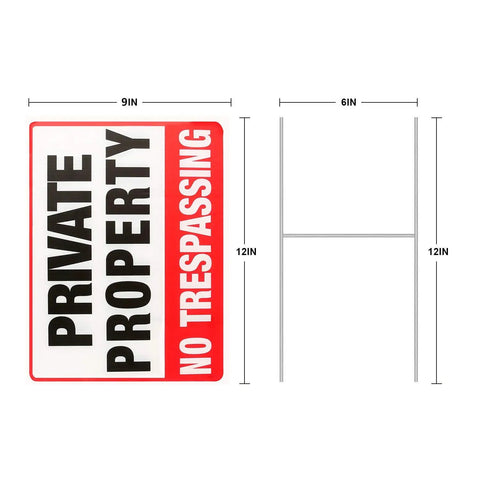 Private Property No Trespassing Signs 2 Pack With Metal H Stakes 12x9 Inch Corrugated Plastic Double Sided Yard Sign For Home Privacy Security And Keeping Creepers Out, showing sign dimensions with metal stakes.