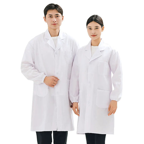 Two people wearing Unisex Pro Grade Lab Coat With Three Pockets White Cotton Poly Blend Lightweight Breathable Medical Coat Long Sleeve 4X Large