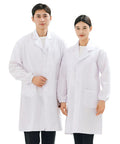 Two people wearing unisex professional lab coat white cotton poly blend long sleeve medical coat with 3 pockets for docs nurses and lab techs.
