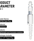 Five Pack One Quarter Inch I M Type Plug Air Blow Guns, aluminum construction, close-up view showing product specifications.