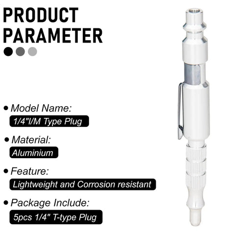Five Pack One Quarter Inch I M Type Plug Air Blow Guns, aluminum construction, close-up view showing product specifications.
