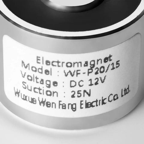 Label of 12V DC Electric Lifting Magnet With 25N Holding Force, Compact 20 By 15 mm Electromagnet Solenoid Lift showing specifications