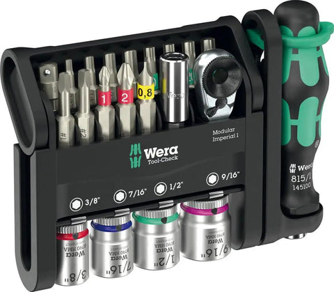 Tool-Check Modular Set Imperial 1 Bundle with Micro 1 Hex-Plus L Key Adapter, ratchet, and bits in a compact holder