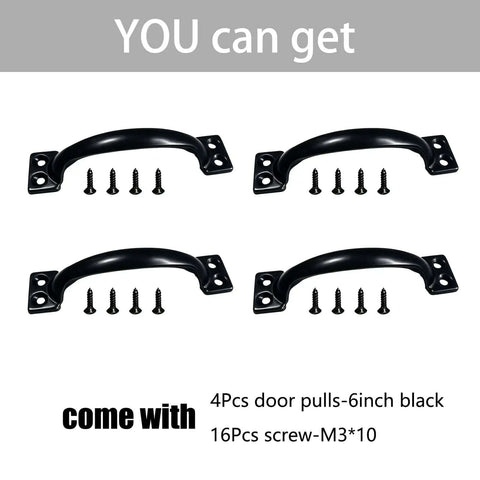 Image of Six Inch Black Metal Barn Door Pulls Set Of Four Vintage Rustic Cabinet Handles with screws included.