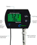 Heavy Duty PH And Temperature Water Quality Tester Meter With Automatic Temperature Compensation And Illuminated Screen display showing pH 7.21 and 28°C.