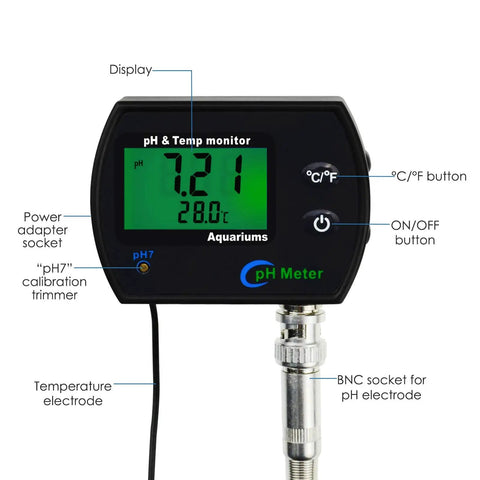 Heavy Duty PH And Temperature Water Quality Tester Meter With Automatic Temperature Compensation And Illuminated Screen display showing pH 7.21 and 28°C.