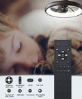 Dimmable LED Ceiling Fan With Remote, 5 Blade Black Low Profile Semi Flush Mount, 21.5 Inch, shown with sleep mode options