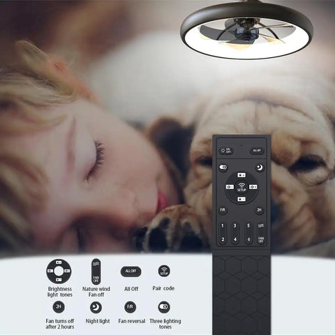 Dimmable LED Ceiling Fan With Remote, 5 Blade Black Low Profile Semi Flush Mount, 21.5 Inch, shown with sleep mode options