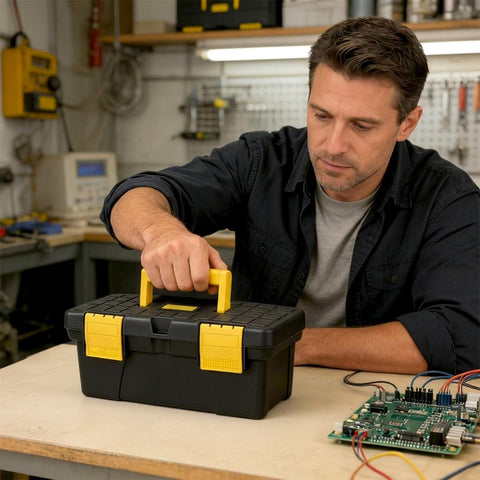 Man holding toolbox from Beast DIY 80W Soldering Gun Kit With Adjustable Temperature From 180 To 500 Celsius, Twelve In One Soldering Iron Set