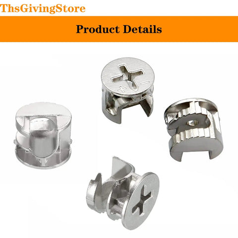 75 Pack Heavy Duty Cam Lock Nuts With Tough As Nails Furniture Connector Hardware Rustproof Zinc Alloy Eccentric Wheel Cabinet Fitting Kit showing various angles of cam lock nuts.
