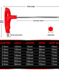 Diagram and size chart of 6mm T Handle Allen Wrench Set Metric Hex Key Set With Long Arm Heavy Duty CRV Chrome Vanadium