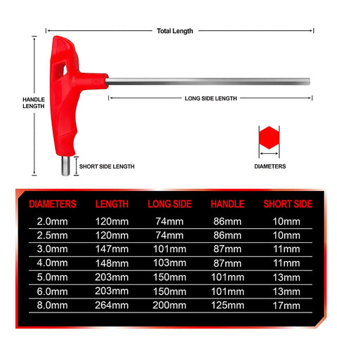 Diagram and size chart of 6mm T Handle Allen Wrench Set Metric Hex Key Set With Long Arm Heavy Duty CRV Chrome Vanadium