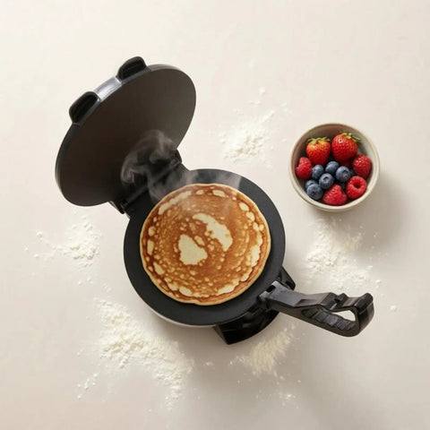 Baoblaze Electric Pancake Maker Nonstick Hinged Flatbread Press cooking a golden pancake with steam on black surface.
