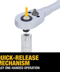Close-up of quick-release mechanism on Hella Tough 142 Piece Mechanics Tool Set With Low Profile Ratchet designed for easy one-handed operation.