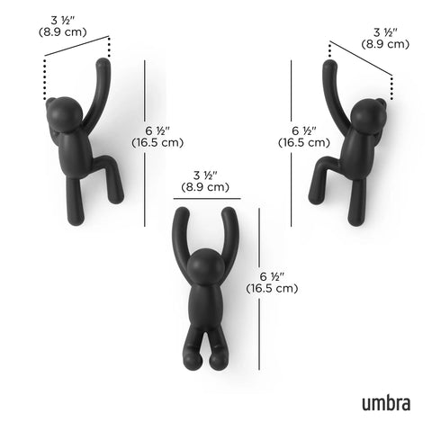 Buddy Wall Hooks Set of 3 Fun, Cool, Decorative Wall Mounted Coat Hooks in climbing poses with dimensions shown in black