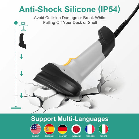 Handheld Barcode Scanner With USB Wired Connection, 1D 2D and PDF417 Data Matrix Reader with anti-shock silicone feature
