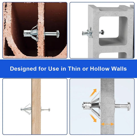 Drywall Anchor Kit For Hollow Walls With Screws 30Pcs M6x52mm Zinc Plated Steel Molly Bolts shown installed in various wall types