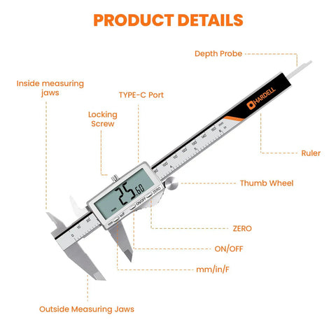 Rechargeable Digital Caliper With Large LCD Screen, Stainless Steel Measuring Tool For DIY And Household Projects, Auto Off, Inch And mm Fraction Modes, Type C Quick Charge, Long Battery Life For 3D Printing And More